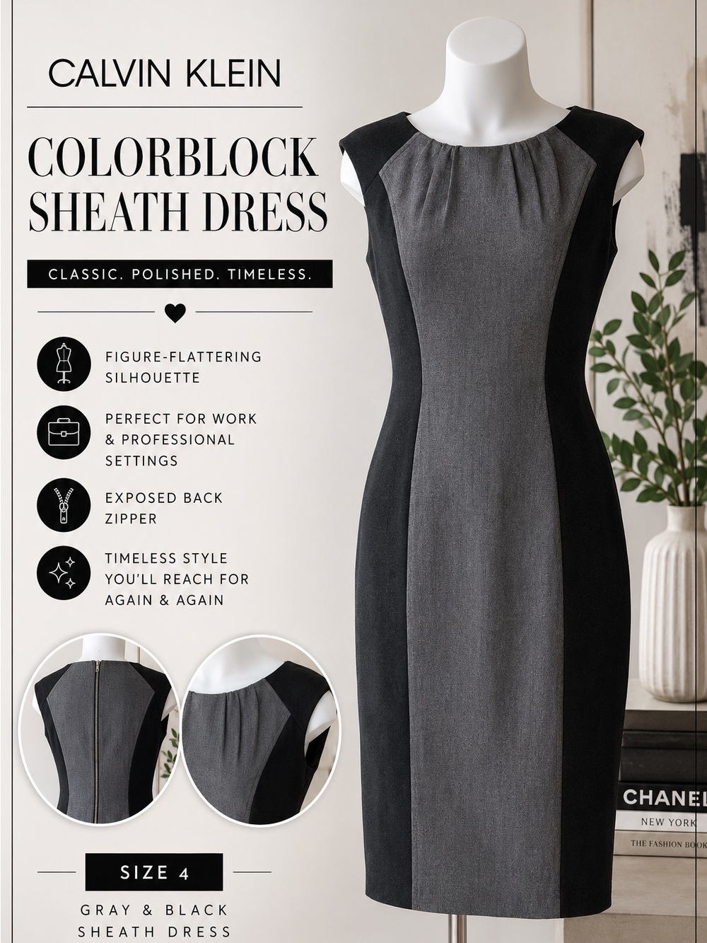 Calvin Klein Colorblock Sheath Dress Size 4 Gray & Black Career Dress